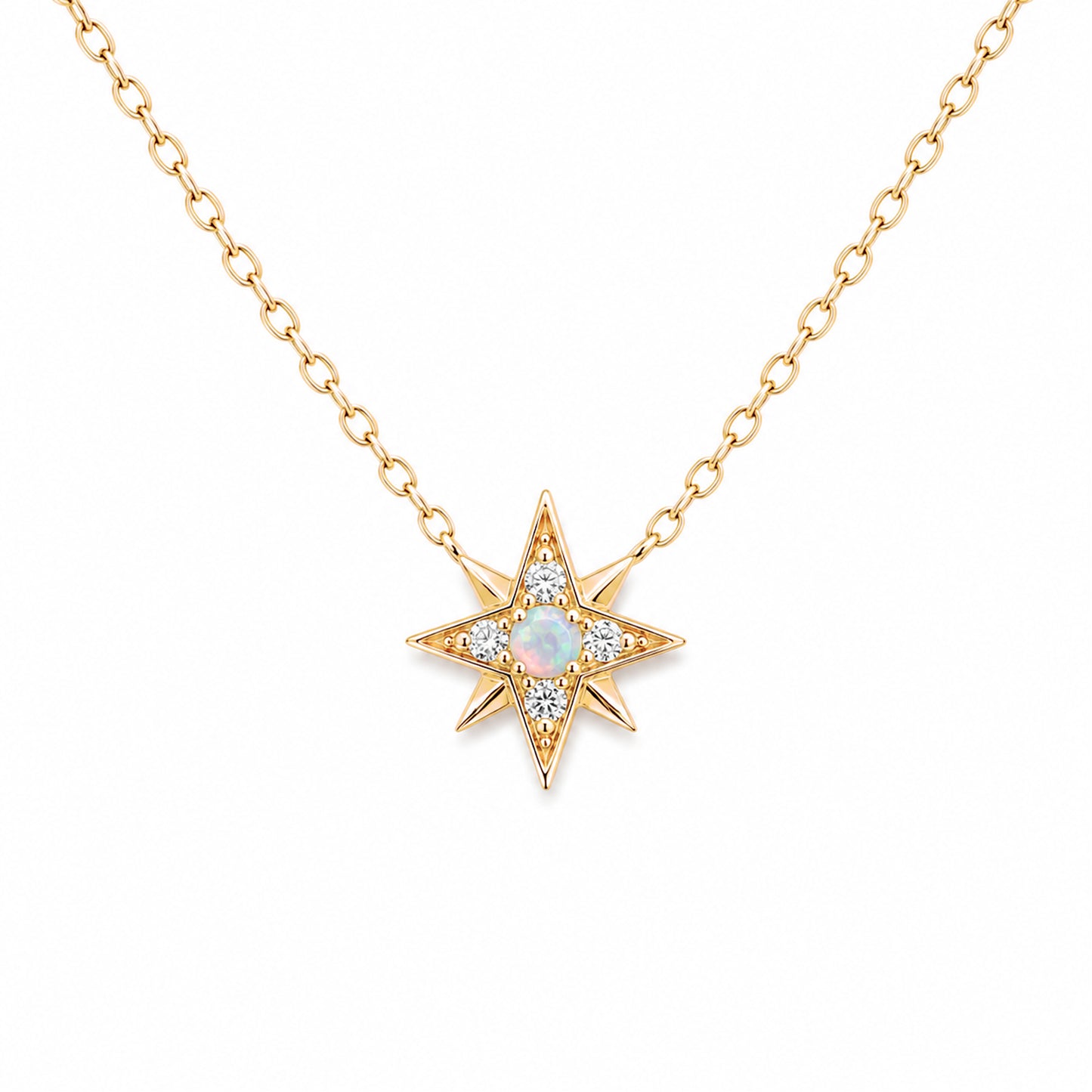 14K Gold Opal & Pavé Diamond Starburst Pendant Necklace, Small Size