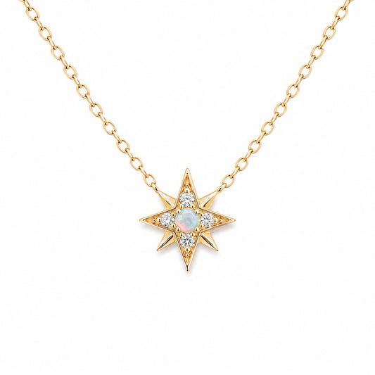 14K Gold Opal & Pavé Diamond Starburst Pendant Necklace, Small Size