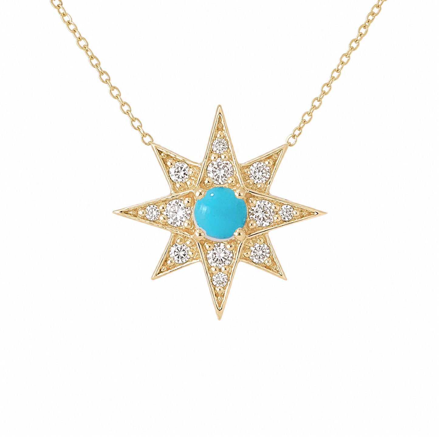 14K Gold Pavé Diamond & Turquoise Starburst Pendant Necklace, Large Size