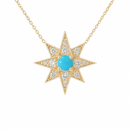 14K Gold Pavé Diamond & Turquoise Starburst Pendant Necklace, Large Size