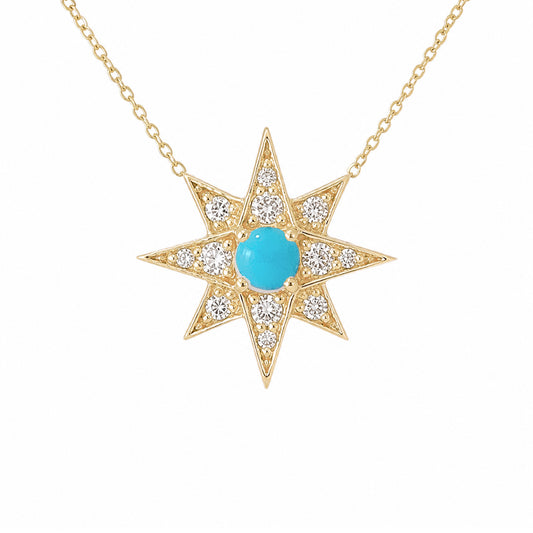 14K Gold Pavé Diamond & Turquoise Starburst Pendant Necklace, Large Size