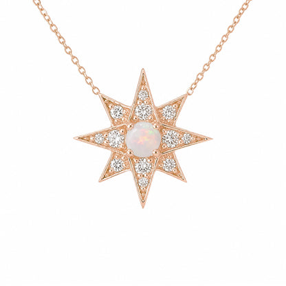 14K Gold Opal & Pavé Diamond Starburst Pendant Necklace, Large Size