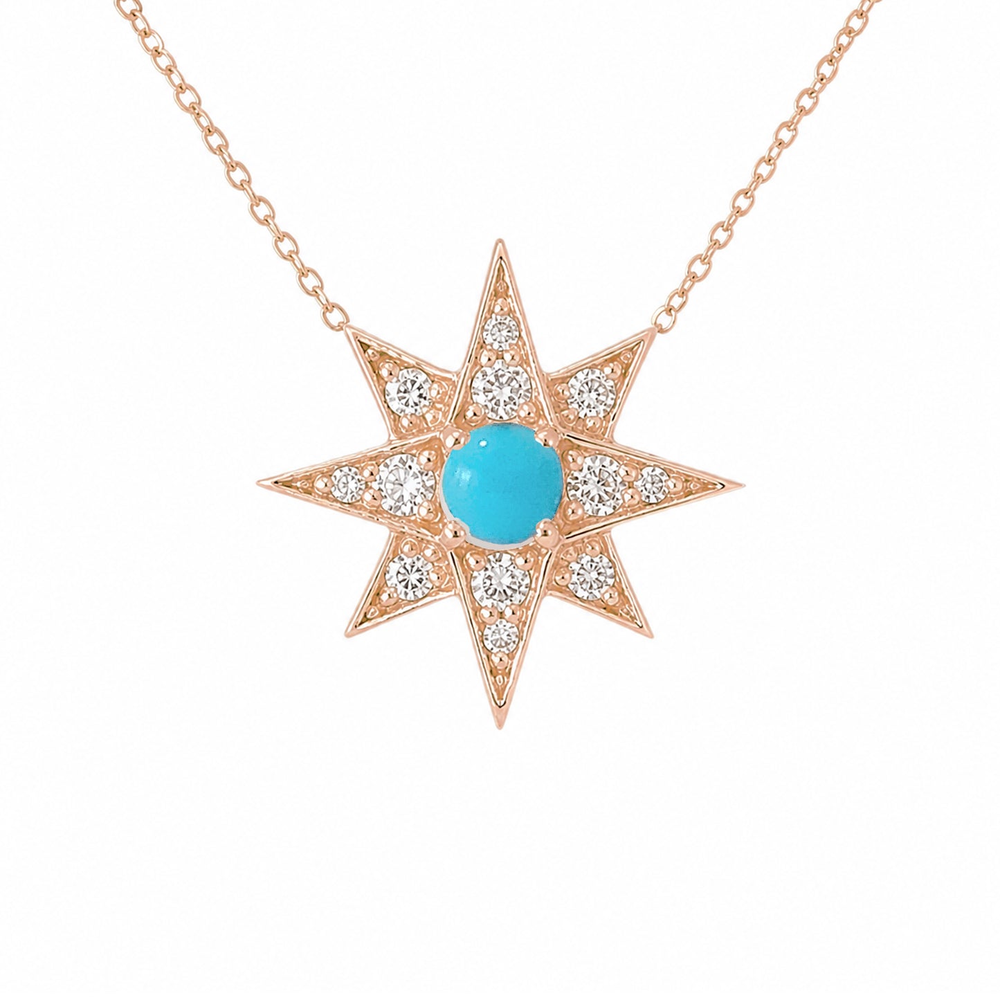 14K Gold Pavé Diamond & Turquoise Starburst Pendant Necklace, Large Size