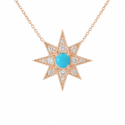14K Gold Pavé Diamond & Turquoise Starburst Pendant Necklace, Large Size