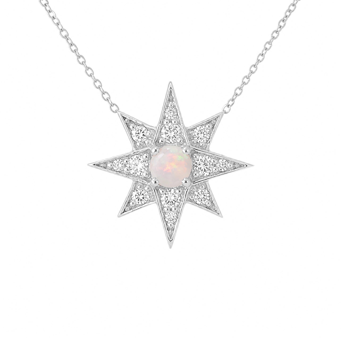 14K Gold Opal & Pavé Diamond Starburst Pendant Necklace, Large Size