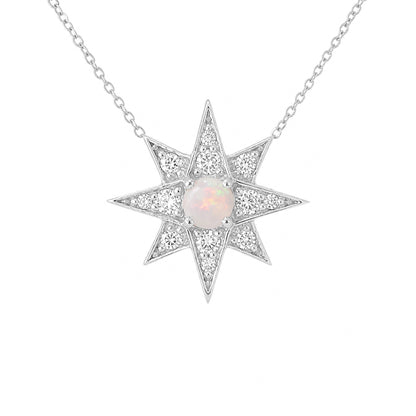 14K Gold Opal & Pavé Diamond Starburst Pendant Necklace, Large Size