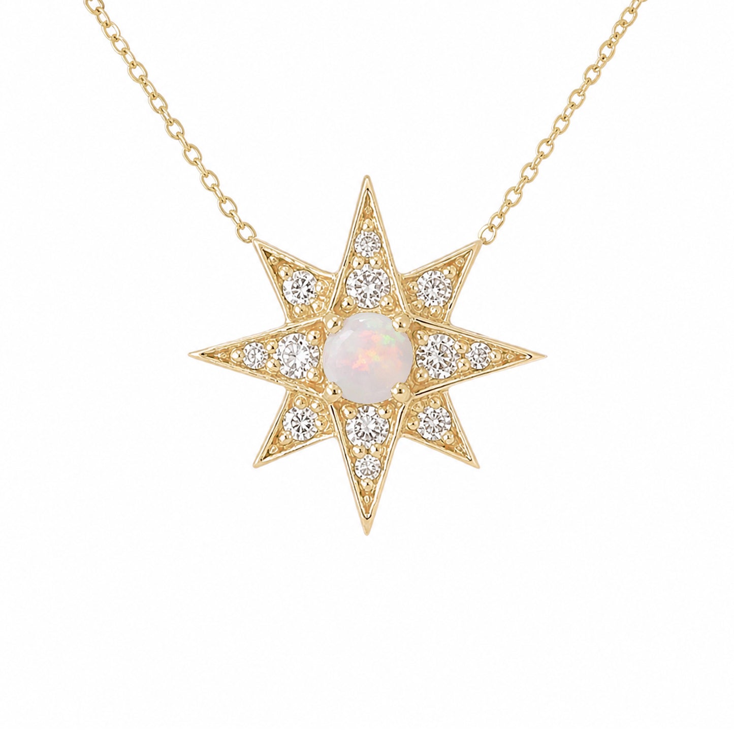 14K Gold Opal & Pavé Diamond Starburst Pendant Necklace, Large Size