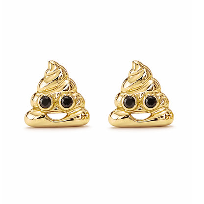 14K Gold Black Diamond Poop Emoji Stud Earrings