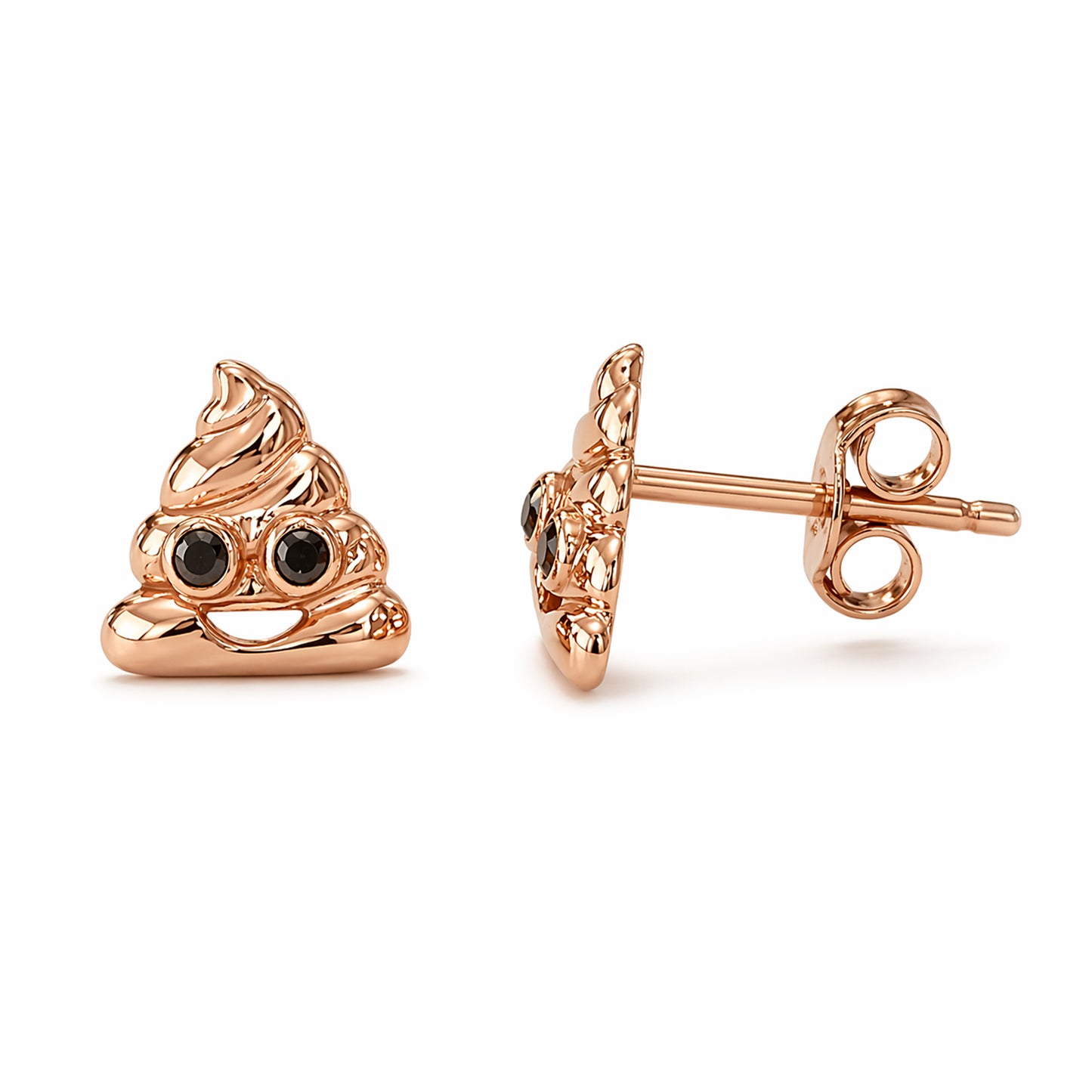 14K Gold Black Diamond Poop Emoji Stud Earrings