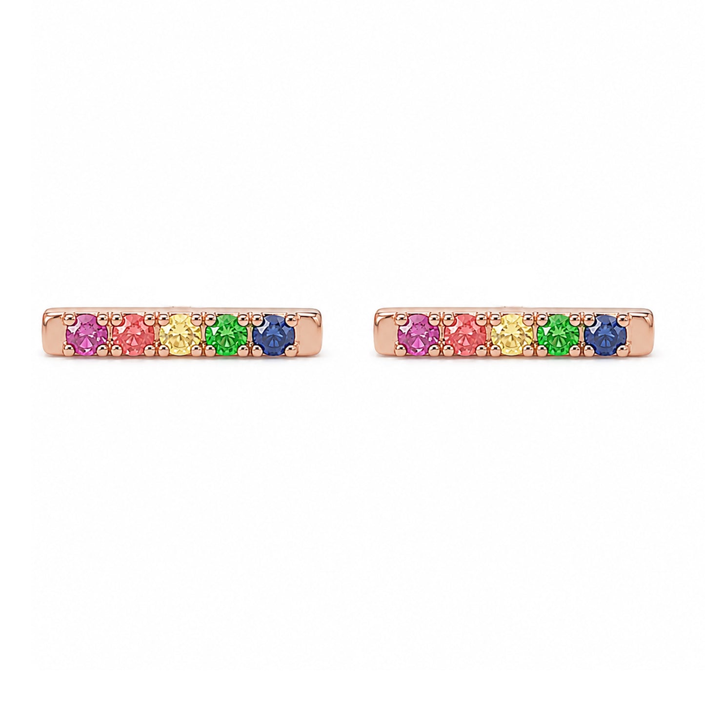 14K Gold Small Pavé Rainbow Gemstone Bar Stud Earrings