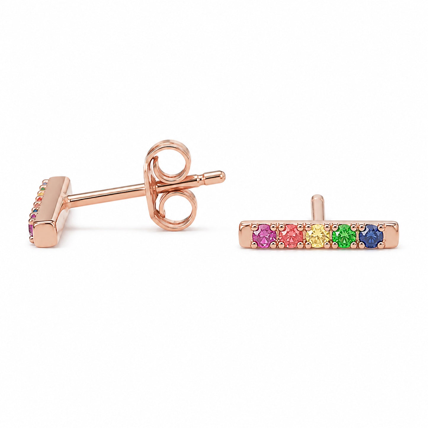 14K Gold Small Pavé Rainbow Gemstone Bar Stud Earrings