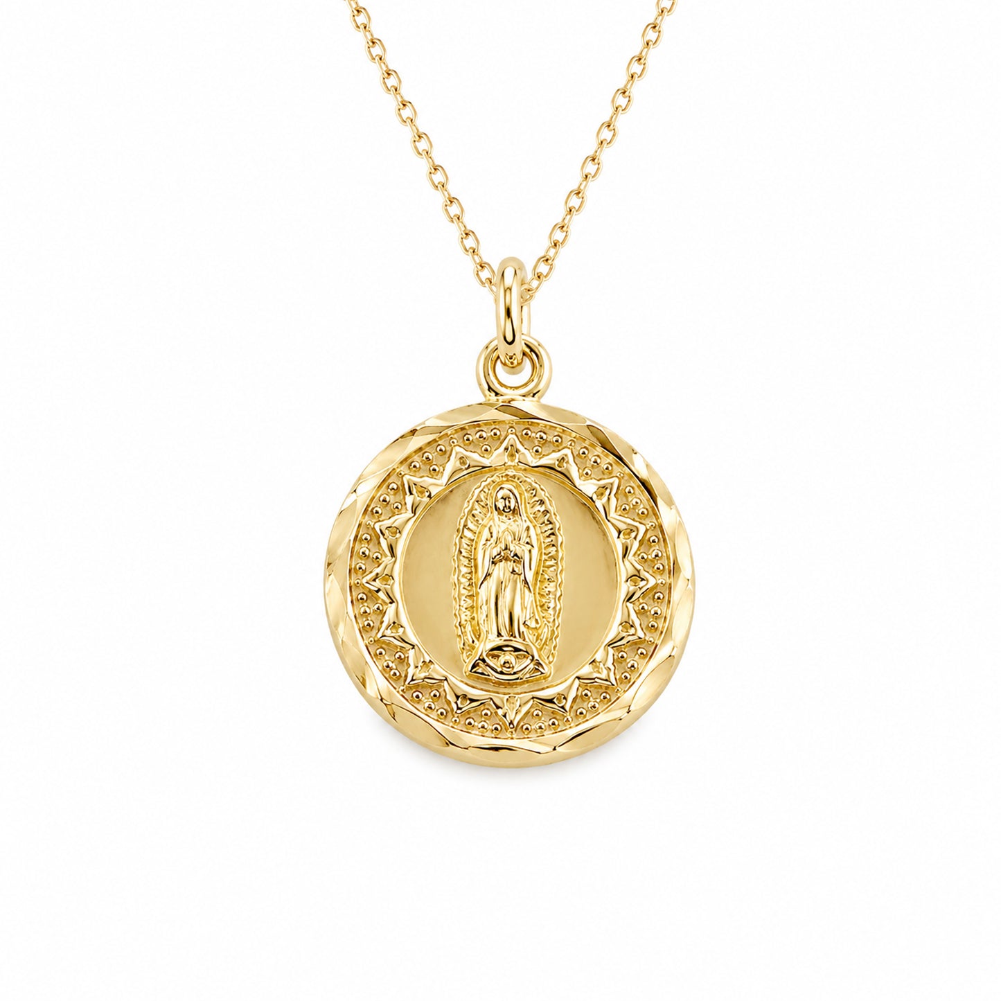 14K Gold Virgin Mary Miraculous Medal Double Sided Charm Necklace