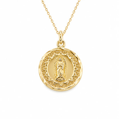 14K Gold Virgin Mary Miraculous Medal Double Sided Charm Necklace