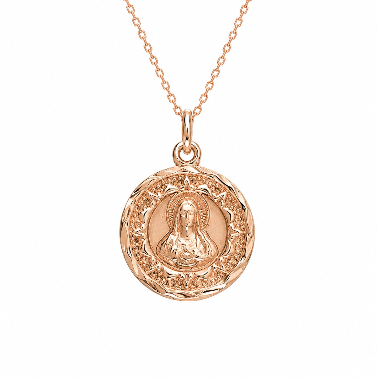 14K Gold Virgin Mary Miraculous Medal Double Sided Charm Necklace