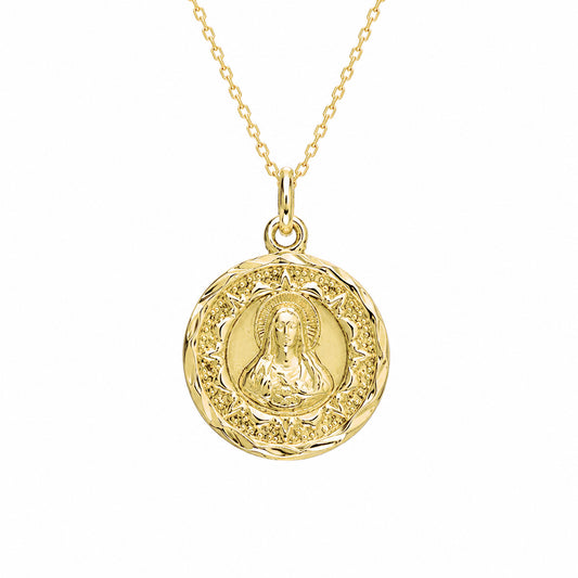 14K Gold Virgin Mary Miraculous Medal Double Sided Charm Necklace