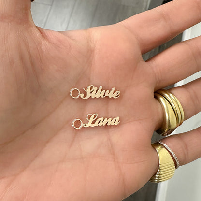 14K Gold Nameplate Earring Hoop Charm, Script Font