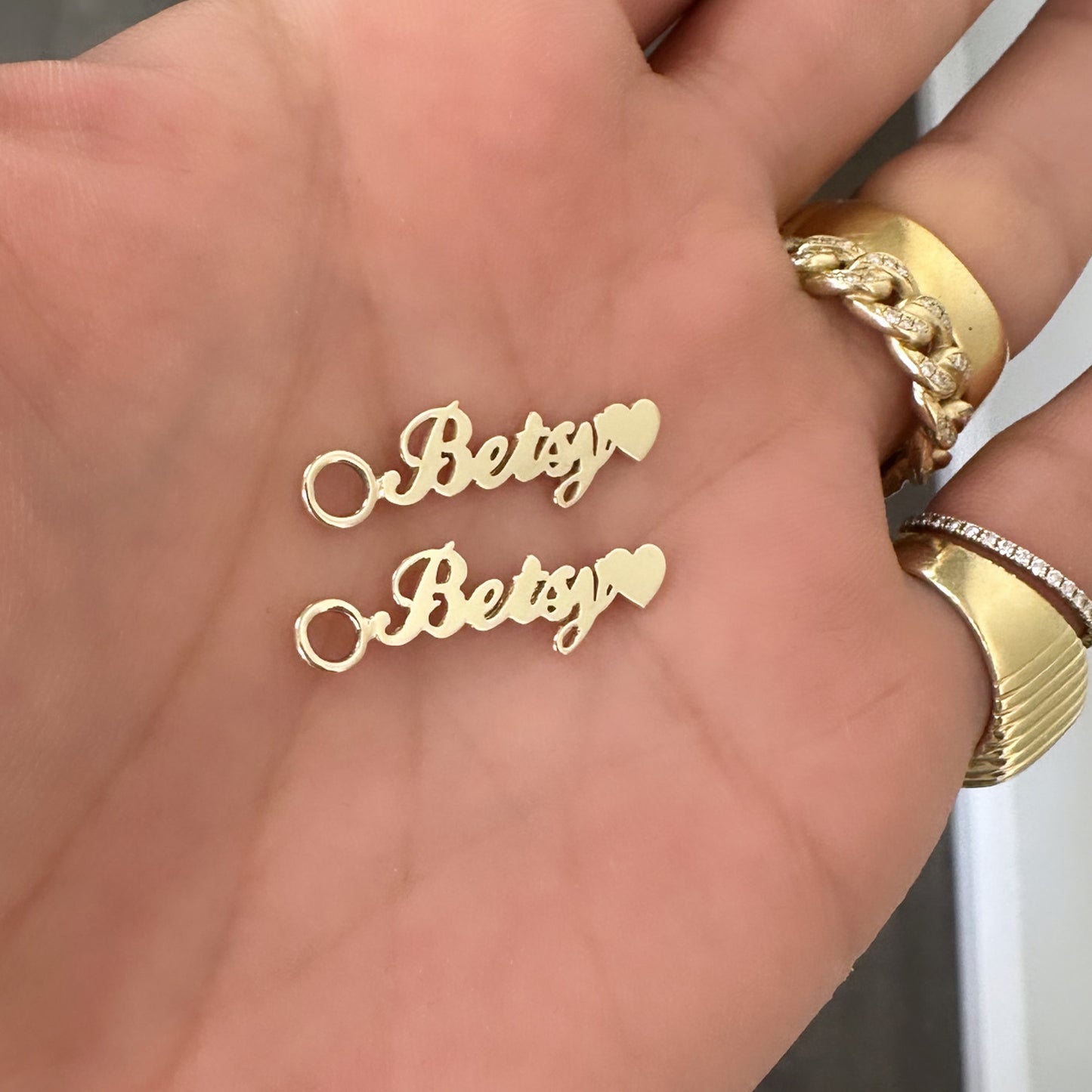 14K Gold Nameplate Earring Hoop Charm, Script Font