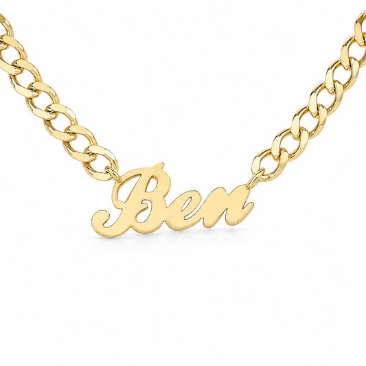 14K Gold Open Curb Link Nameplate Necklace ~ Block, Old English or Script Font