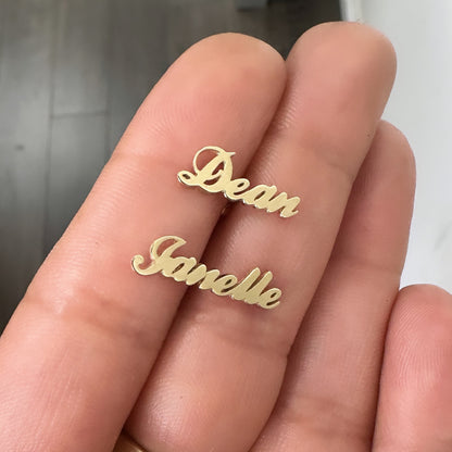 14K Gold Nameplate Stud Earrings, Script Font