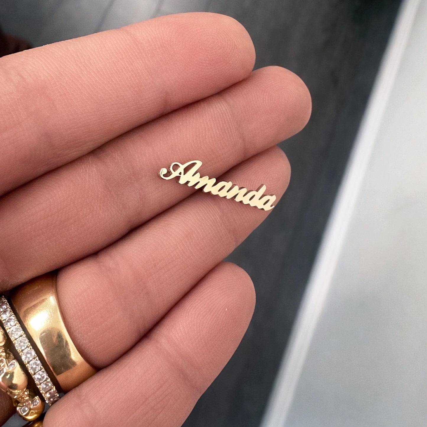 14K Gold Nameplate Stud Earrings, Script Font