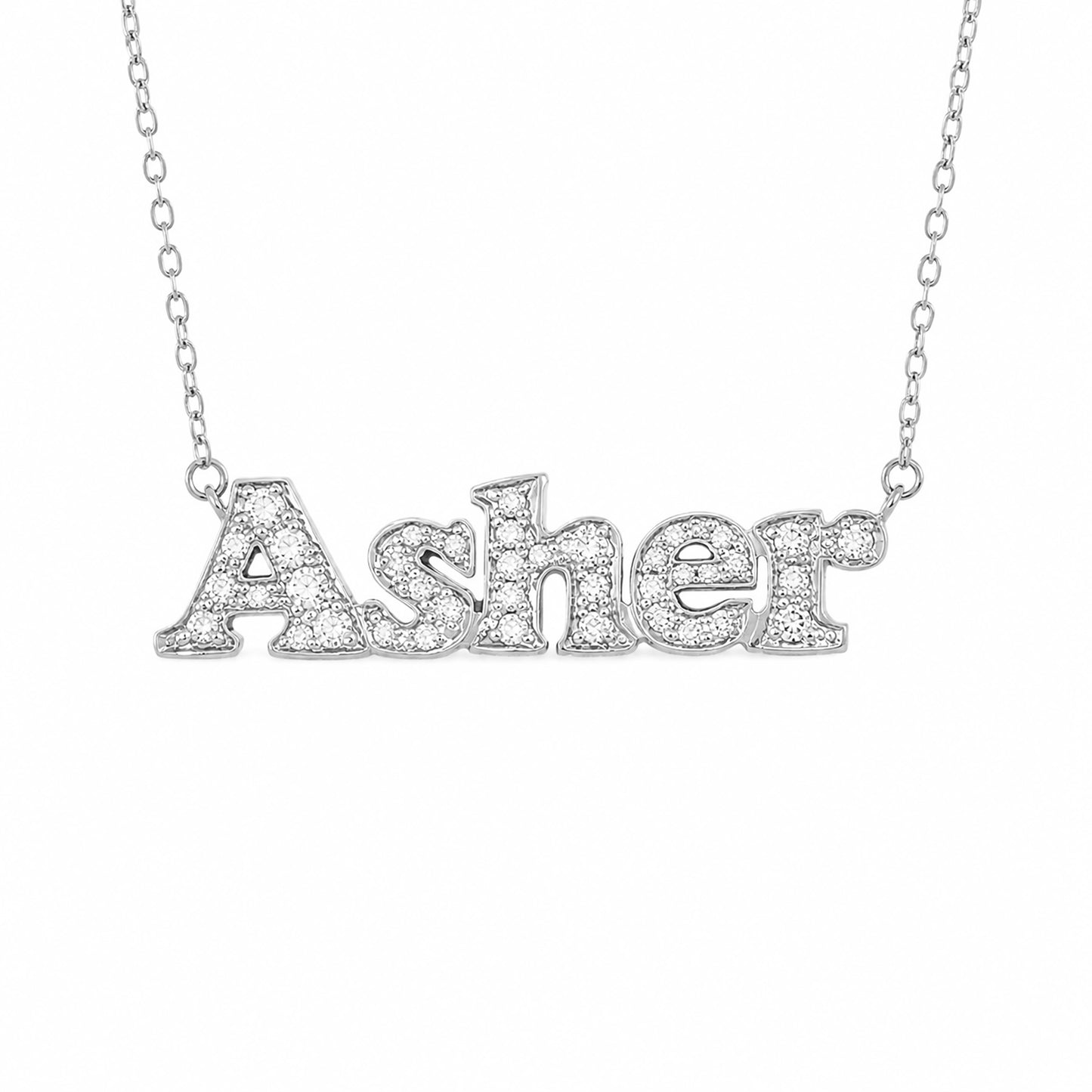 14K Gold Pavé Diamond Nameplate Pendant Necklace ~ Block Font