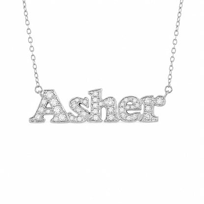 14K Gold Pavé Diamond Nameplate Pendant Necklace ~ Block Font