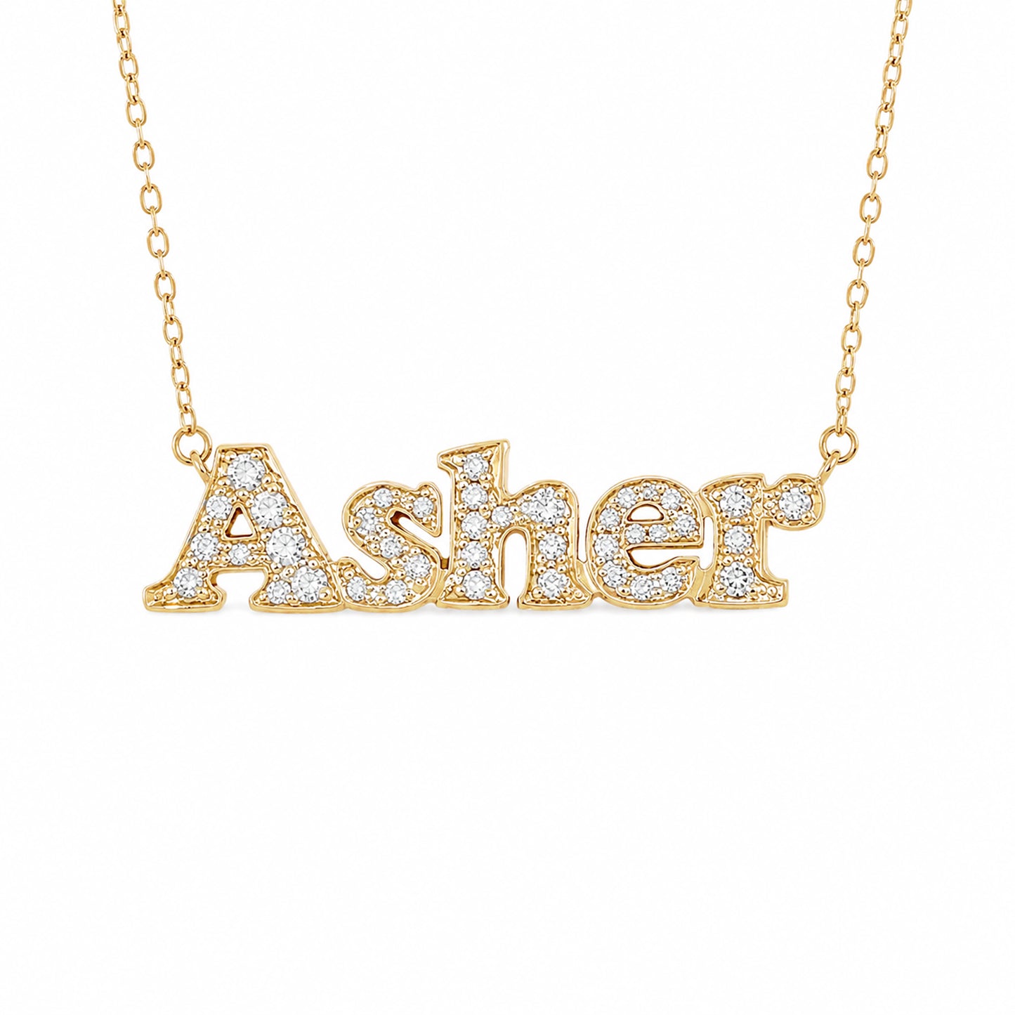 14K Gold Pavé Diamond Nameplate Pendant Necklace ~ Block Font