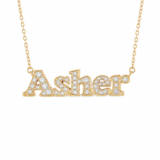 14K Gold Pavé Diamond Nameplate Pendant Necklace ~ Block Font