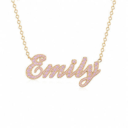 14K Gold Pavé Light Pink Sapphire Nameplate Pendant Necklace ~ Script Font