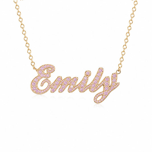 14K Gold Pavé Light Pink Sapphire Nameplate Pendant Necklace ~ Script Font