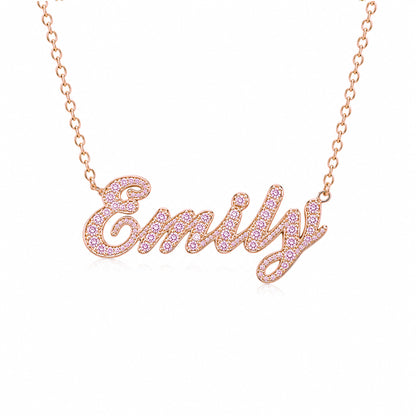 14K Gold Pavé Light Pink Sapphire Nameplate Pendant Necklace ~ Script Font