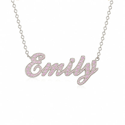 14K Gold Pavé Light Pink Sapphire Nameplate Pendant Necklace ~ Script Font