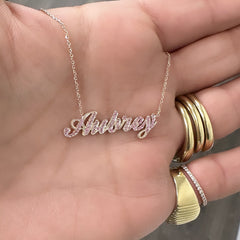 14K Gold Pavé Light Pink Sapphire Nameplate Pendant Necklace ~ Script Font