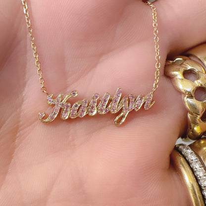 14K Gold Pavé Light Pink Sapphire Nameplate Pendant Necklace ~ Script Font