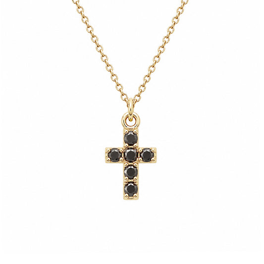 14K Gold Pavé Black Diamond Small Cross Necklace