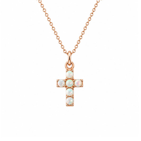 14K Gold Pavé Opal Small Cross Necklace