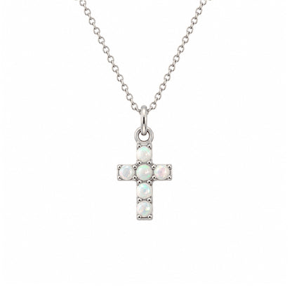 14K Gold Pavé Opal Small Cross Necklace