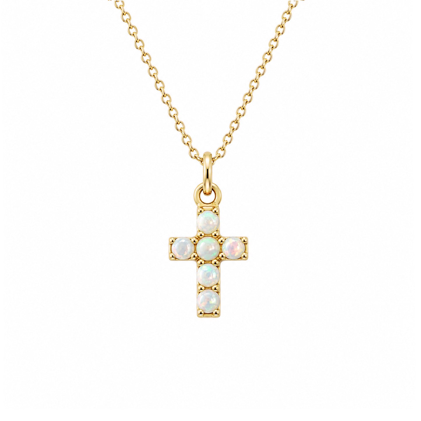 14K Gold Pavé Opal Small Cross Necklace