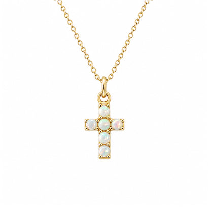 14K Gold Pavé Opal Small Cross Necklace