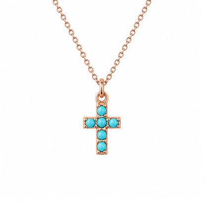 14K Gold Pavé Turquoise Small Cross Necklace