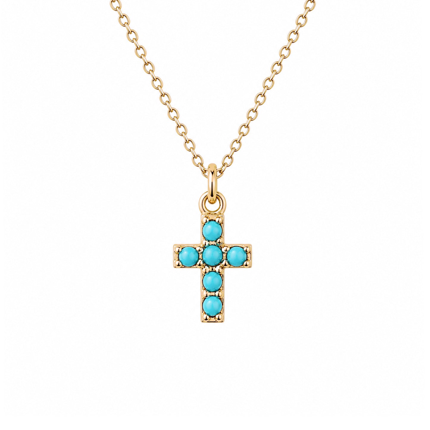 14K Gold Pavé Turquoise Small Cross Necklace