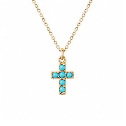 14K Gold Pavé Turquoise Small Cross Necklace