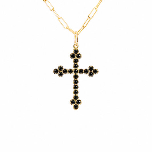 14K Gold Black Diamond Gothic Trinity Cross Necklace ~ Small Size