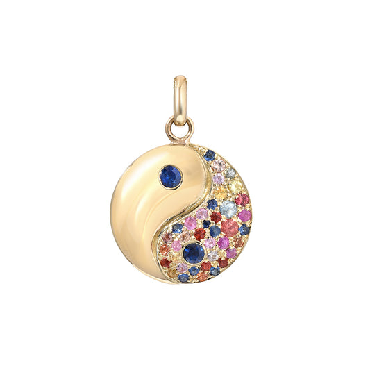 14K Gold Rainbow Confetti Sapphire Yin Yang Charm Pendant ~ Small Size