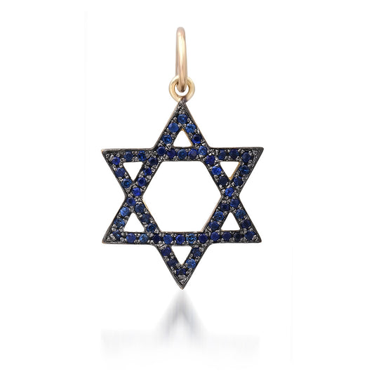 14K Gold Blue Sapphire Star of David Charm Pendant, Medium Size