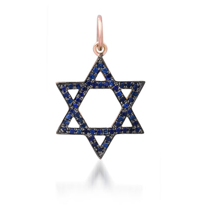 14K Gold Blue Sapphire Star of David Charm Pendant, Medium Size