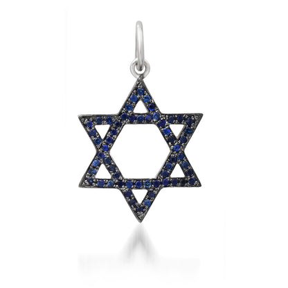 14K Gold Blue Sapphire Star of David Charm Pendant, Medium Size