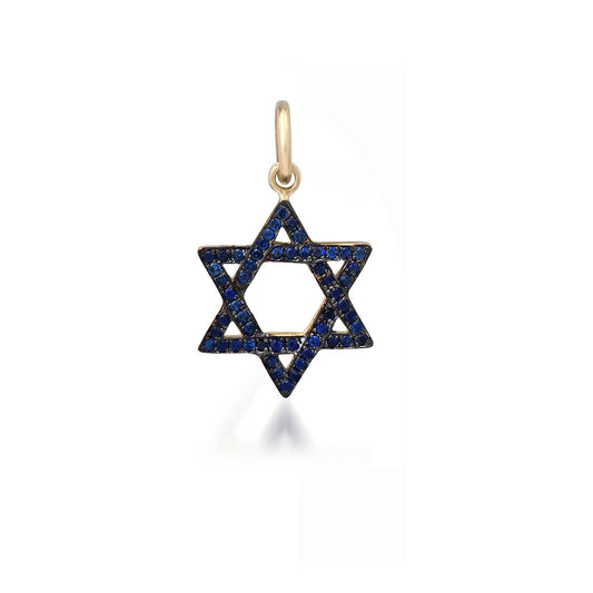 14K Gold Blue Sapphire Star of David Charm Pendant, Small Size