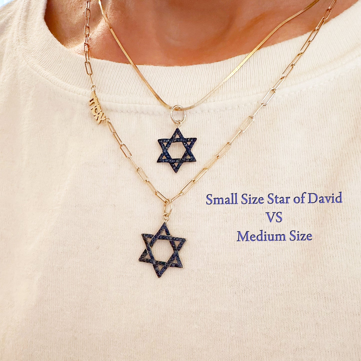 14K Gold Blue Sapphire Star of David Charm Pendant, Small Size