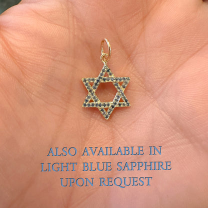 14K Gold Blue Sapphire Star of David Charm Pendant, Small Size